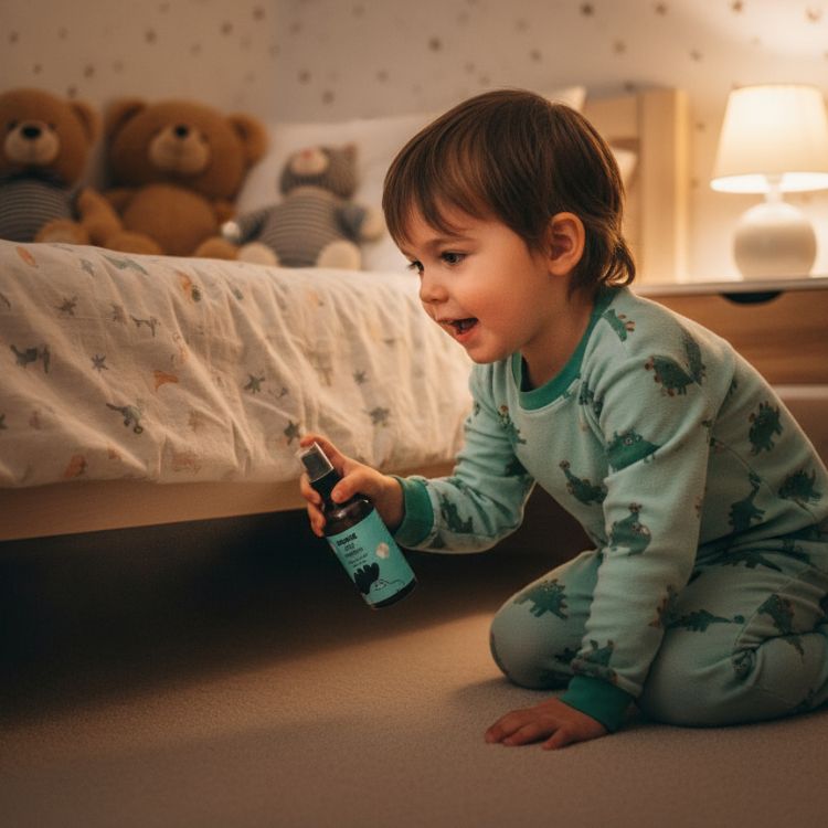 enfant avec un spray anti monstre